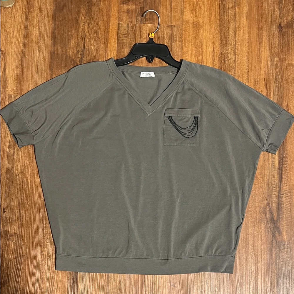 Brunello Cucinelli Olive Green V-Neck Short Sleeve Top